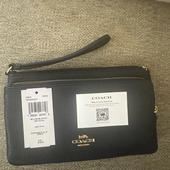 Coach Midnight Pebbled Leather Double-Zip Wristlet | Gold Hardware NWT $198 MSRP - Picture 8 of 16